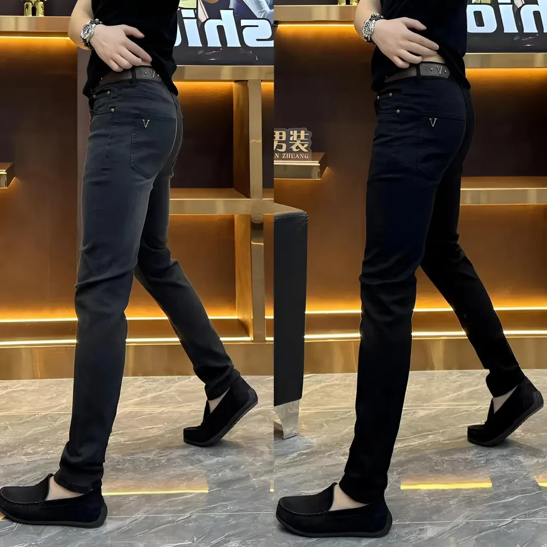 2025男士酷飒腰带牛仔裤修身小脚时尚百搭潮流ins小脚牛仔裤纯色