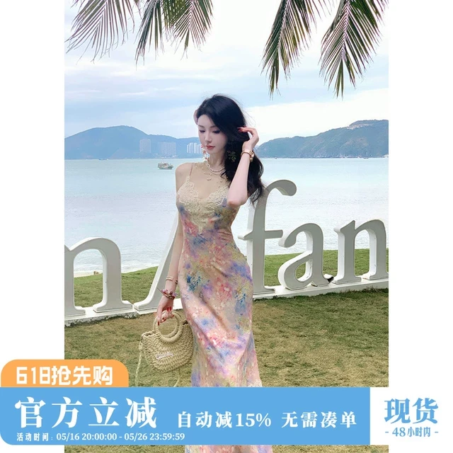 Sun雅乔【浪漫梦境】夏季新款莫奈油画修身V领蕾丝花边吊带连衣裙