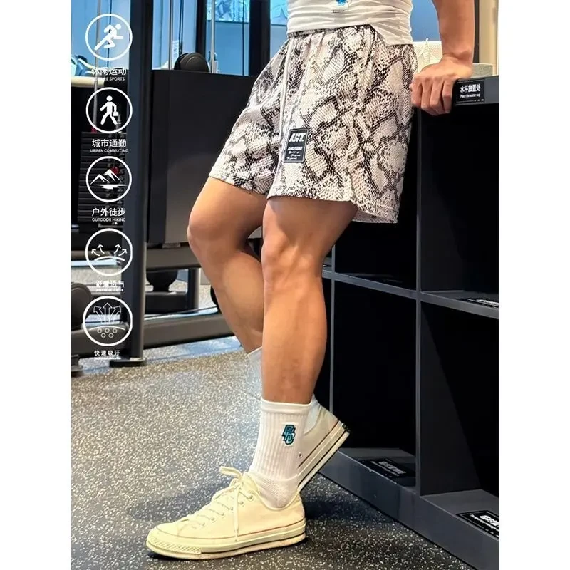特大码300斤美式短裤凉感蟒蛇纹理运动男宽松ins潮牌宽松排汗透气