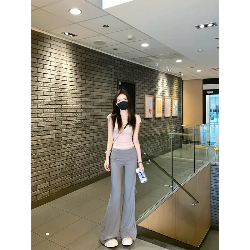 正肩短袖女款爆款2025新款高腰直筒显瘦微喇休闲长裤T恤套装