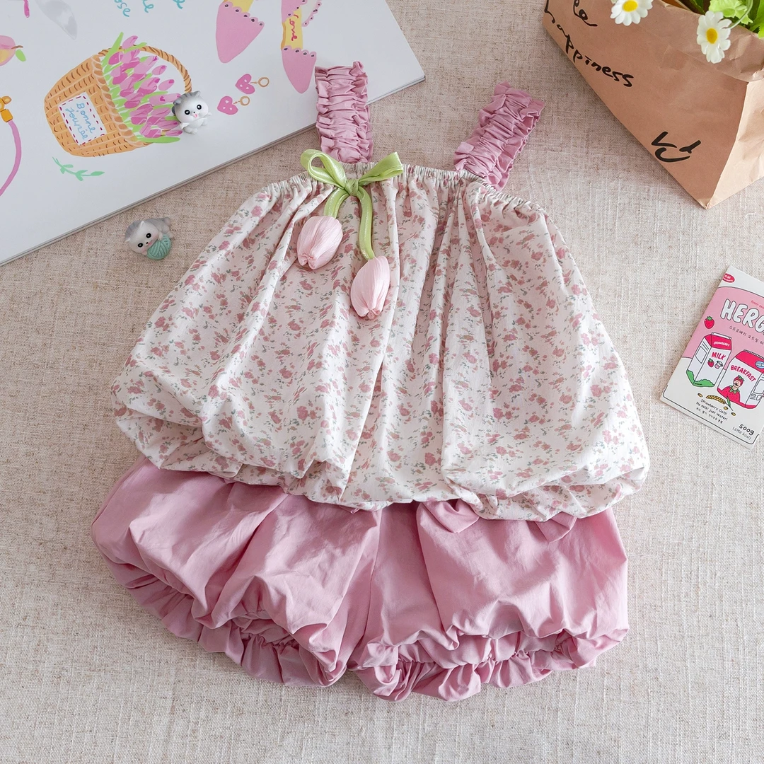 女童2025洋气套装夏季女宝粉色碎花吊带花苞裤套装夏季凉快两件套