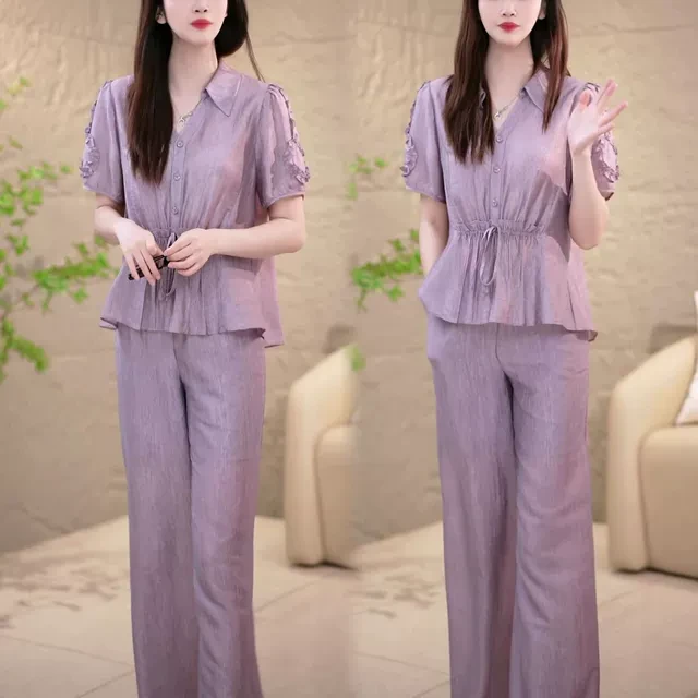 时尚休闲套装女2025年夏季新款洋气宽松显瘦短袖上衣阔腿裤两件套