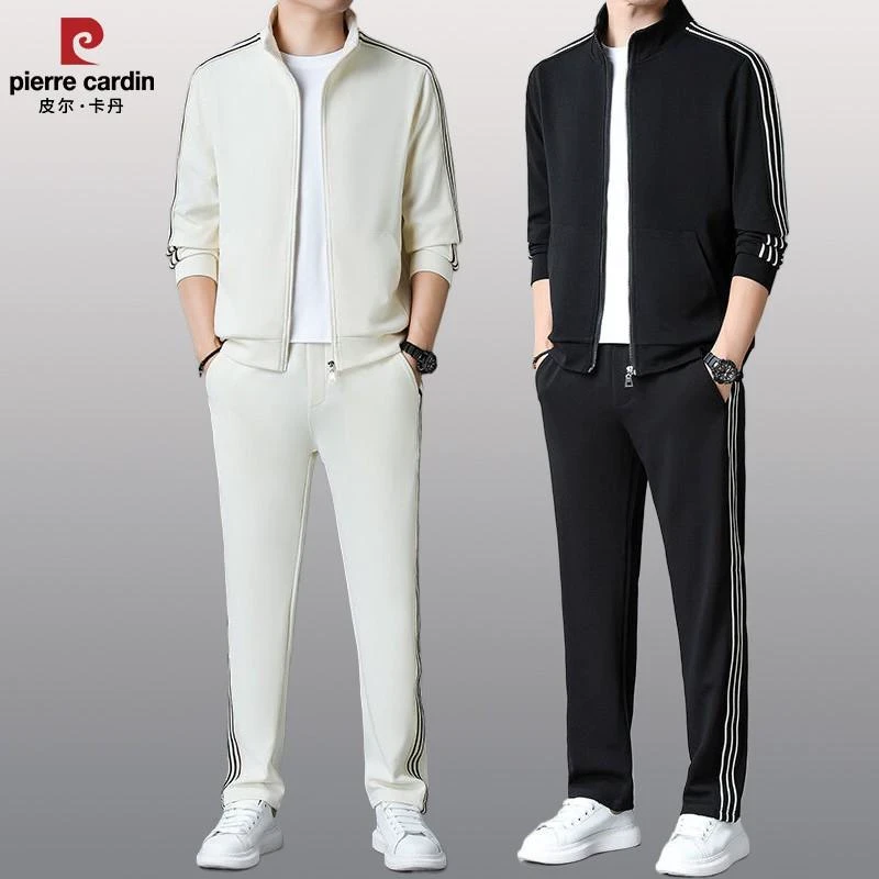 皮尔卡丹男士秋冬季休闲运动套装长袖2件套宽松时尚条纹帅气外套