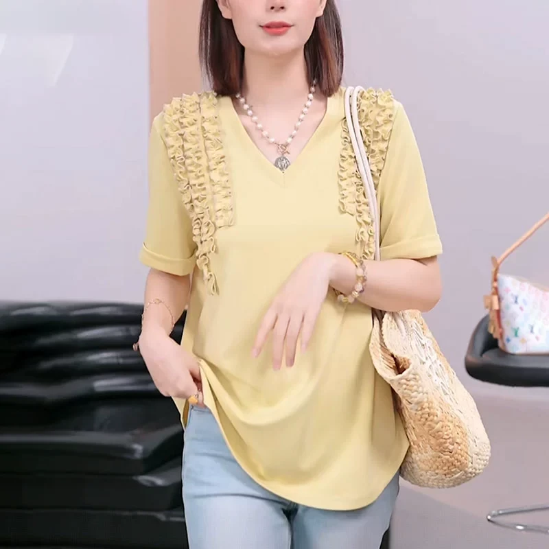 黄色V领短袖t恤女2025夏季新款时尚洋气独特别致设计感木耳边上衣