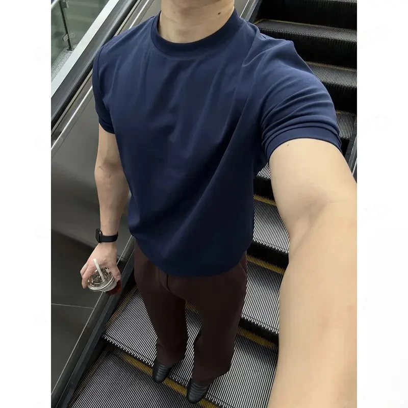 藏青色修身正肩小领口短袖男夏季美式280g重磅T恤ins运动健身半袖