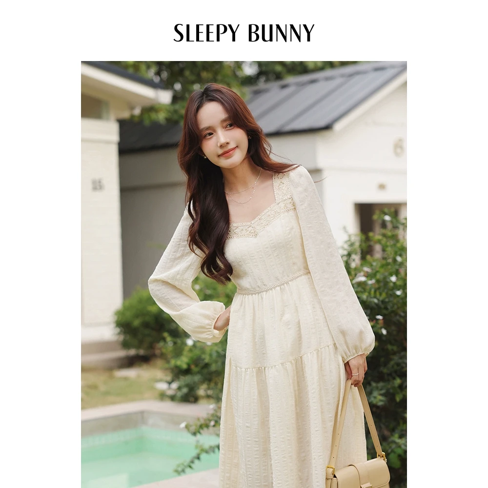 瞌睡兔 法式方领雪纺连衣裙女春季遮肉收腰显瘦温柔垂坠蛋糕长裙