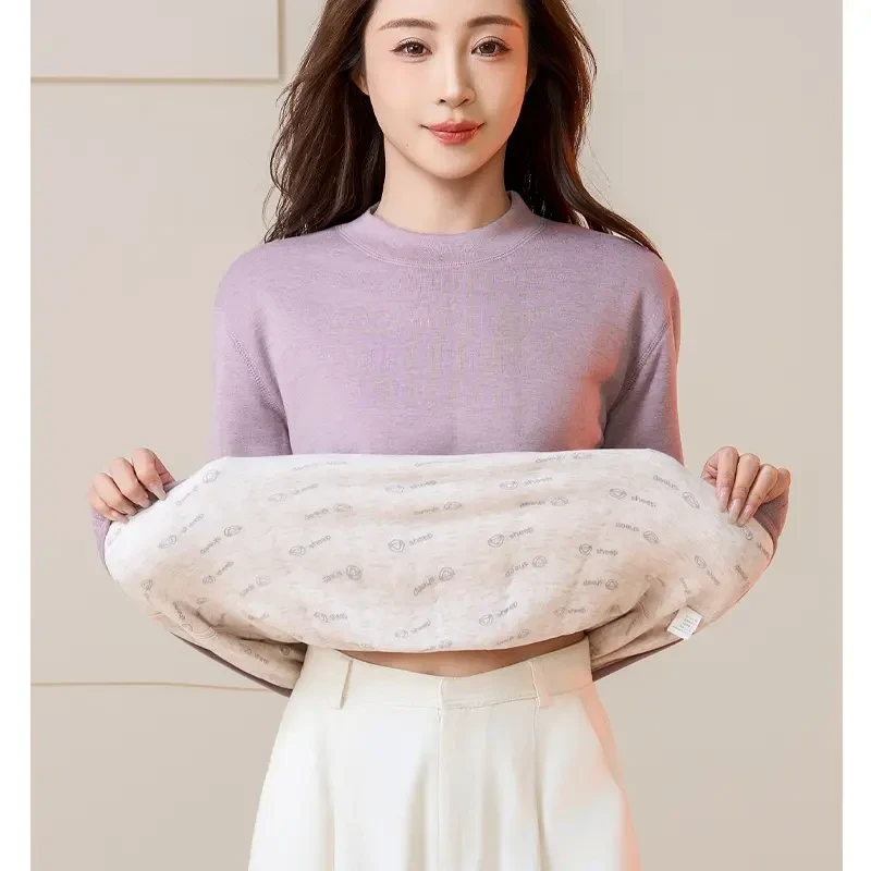 秋冬女款加绒加厚羊毛蚕丝发热保暖内衣单件