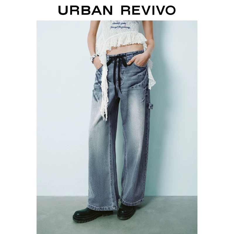 UR2025秋季新款女设计感复古水洗破洞抽绳牛仔长裤UYV850026