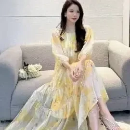 1931收腰显瘦扎染雪纺度假碎花连衣裙裙子女春季新款