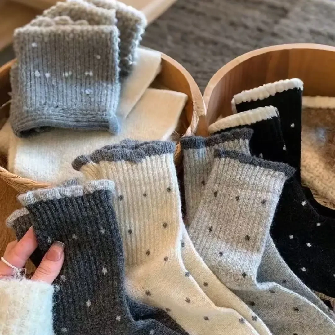 波点花边堆堆袜女秋冬季加厚保暖中筒长筒复古百搭棉质袜