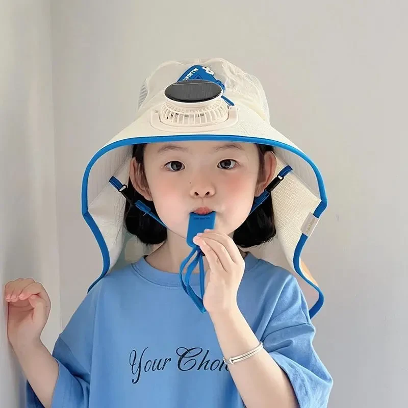 太阳能风扇儿童帽子夏季薄款遮阳防晒大帽檐披肩帽男女宝宝空顶帽