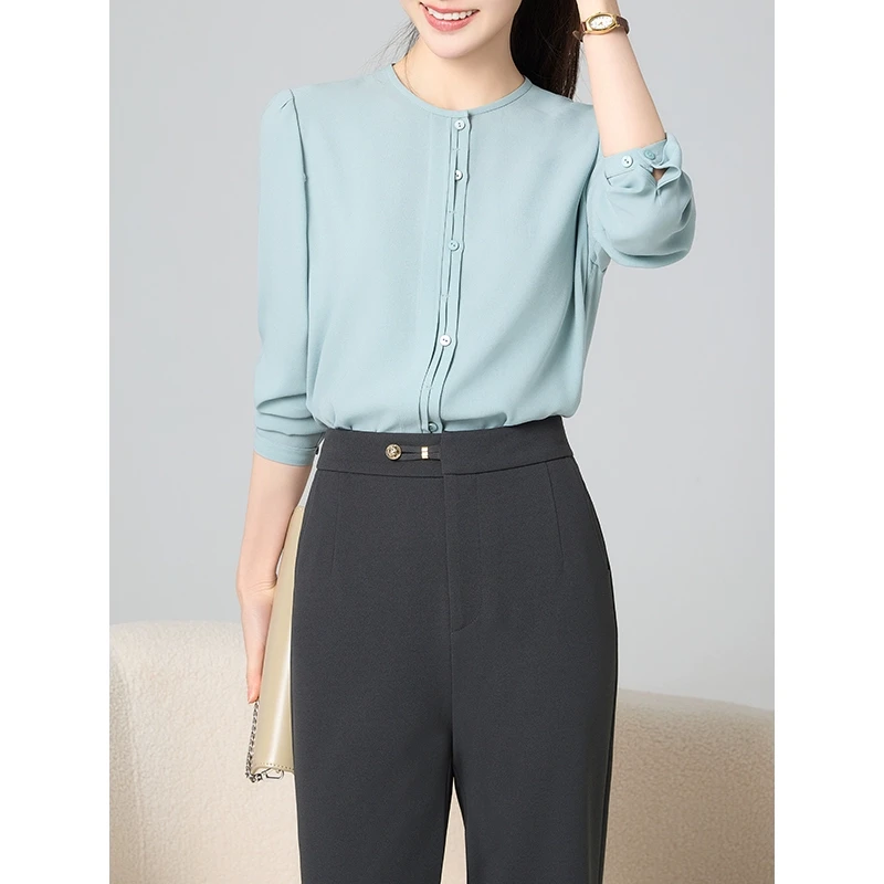 老敏哥哑光醋酸面圆领设计感长袖上衣通勤韩系优雅上衣S01316717