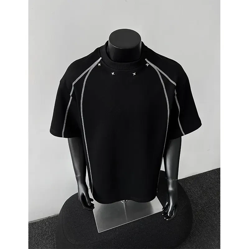 痞帅高街vibe条纹短袖男生潮牌高级感美式小领口T恤拼接重磅半袖