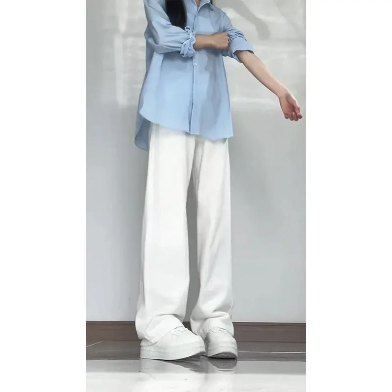 白色弯刀牛仔裤男款美式高级感垂感直筒阔腿cleanfit镰刀微喇裤子