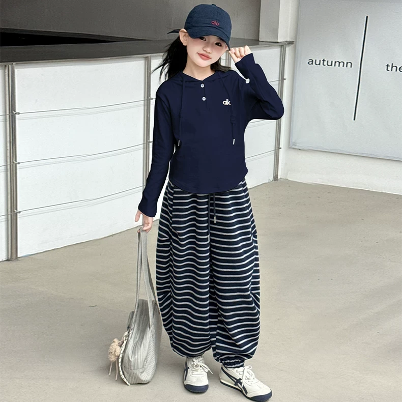 女童秋装套装儿童长袖帽衫条纹裤两件套2025新款洋气卫衣卫裤服装
