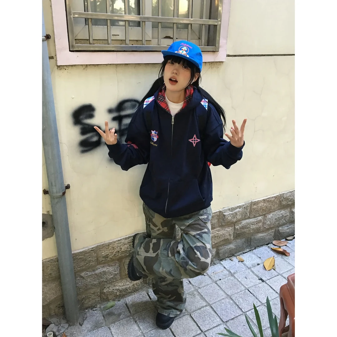 秋冬加厚格子慵懒风拉链外套男女美式休闲潮流卫衣连帽上衣