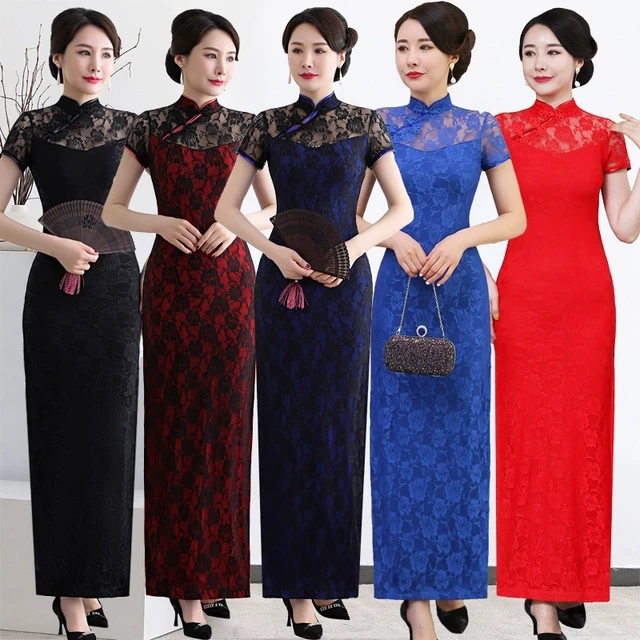 新款夏季蕾丝短袖斜襟大码复古长旗袍改良开衩舞蹈舞台装表演服装