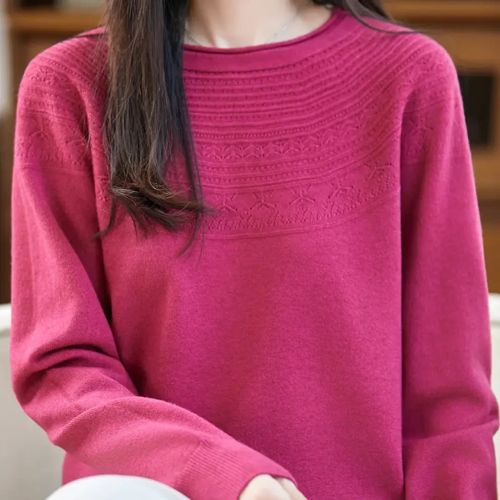 厚款一线成衣不褪色圆领灰色针织毛衣套头镂空衫