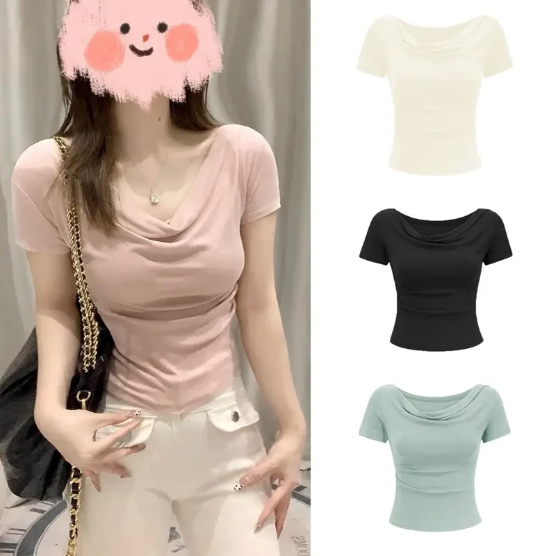 多种穿法 韩版收腰一字肩荡领T恤女夏季爆款纯欲高级感短袖上衣潮