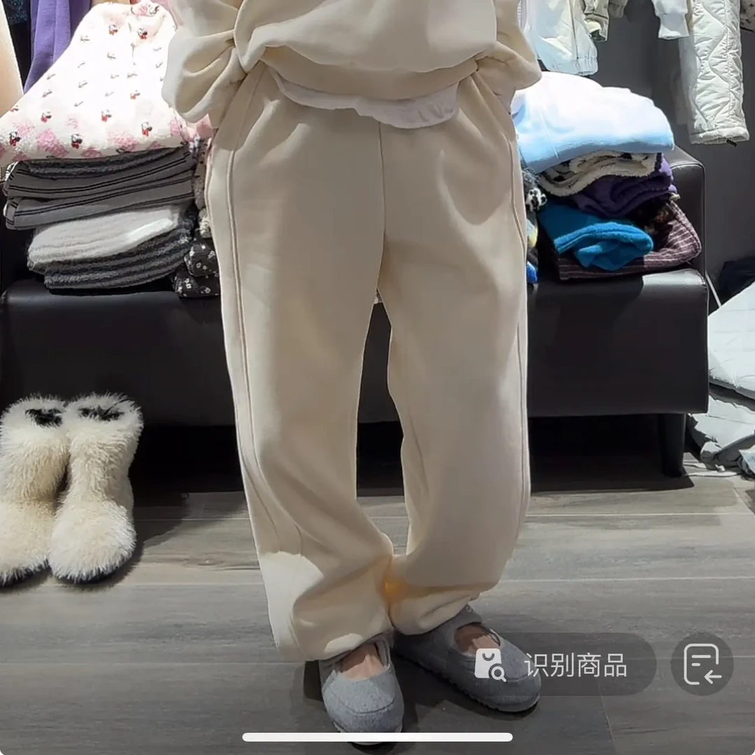 舜 韩代正品米色加绒两道杠休闲卫裤