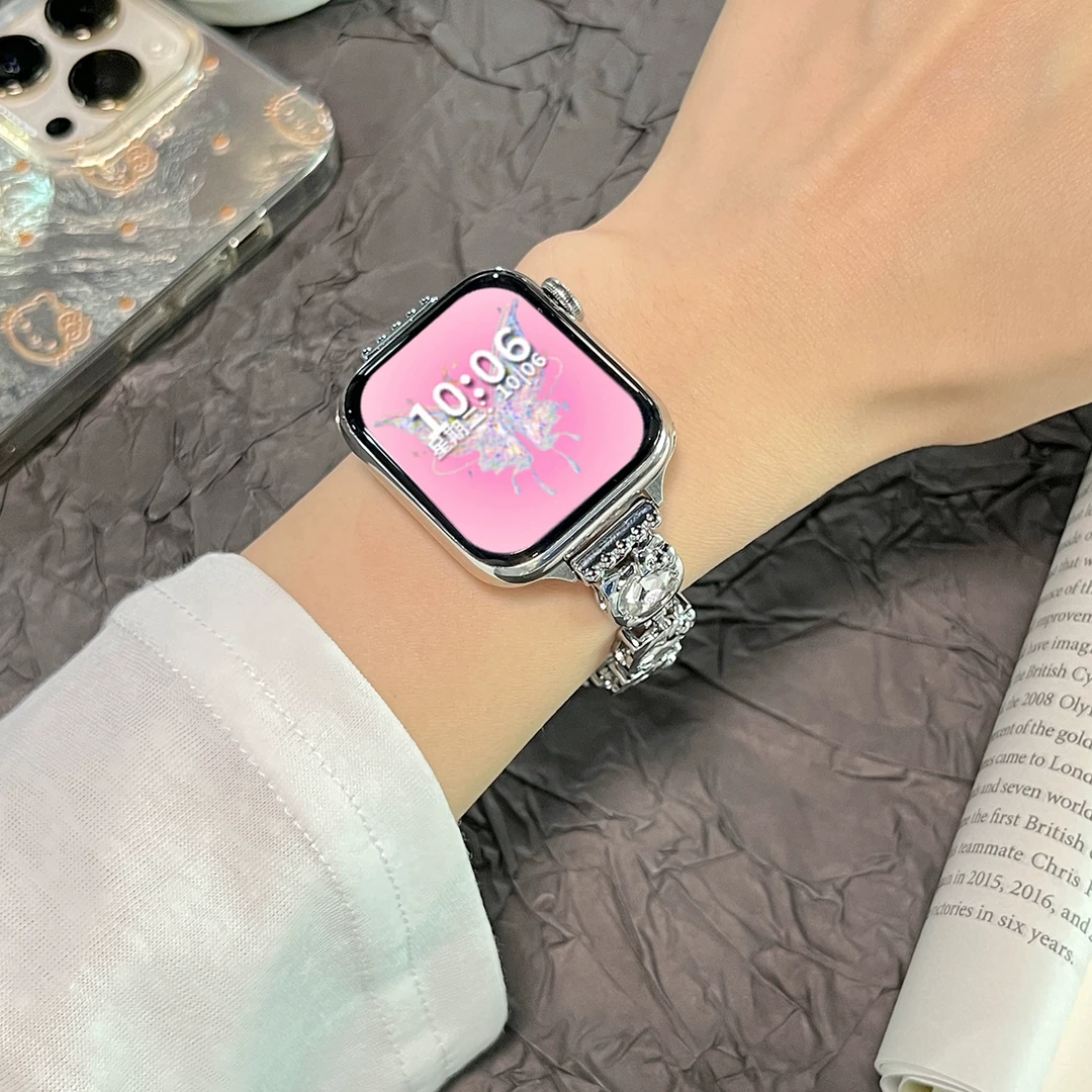 适用苹果手表S11金属表带utral3镶钻iwatchS10seS9不锈钢猫咪腕带