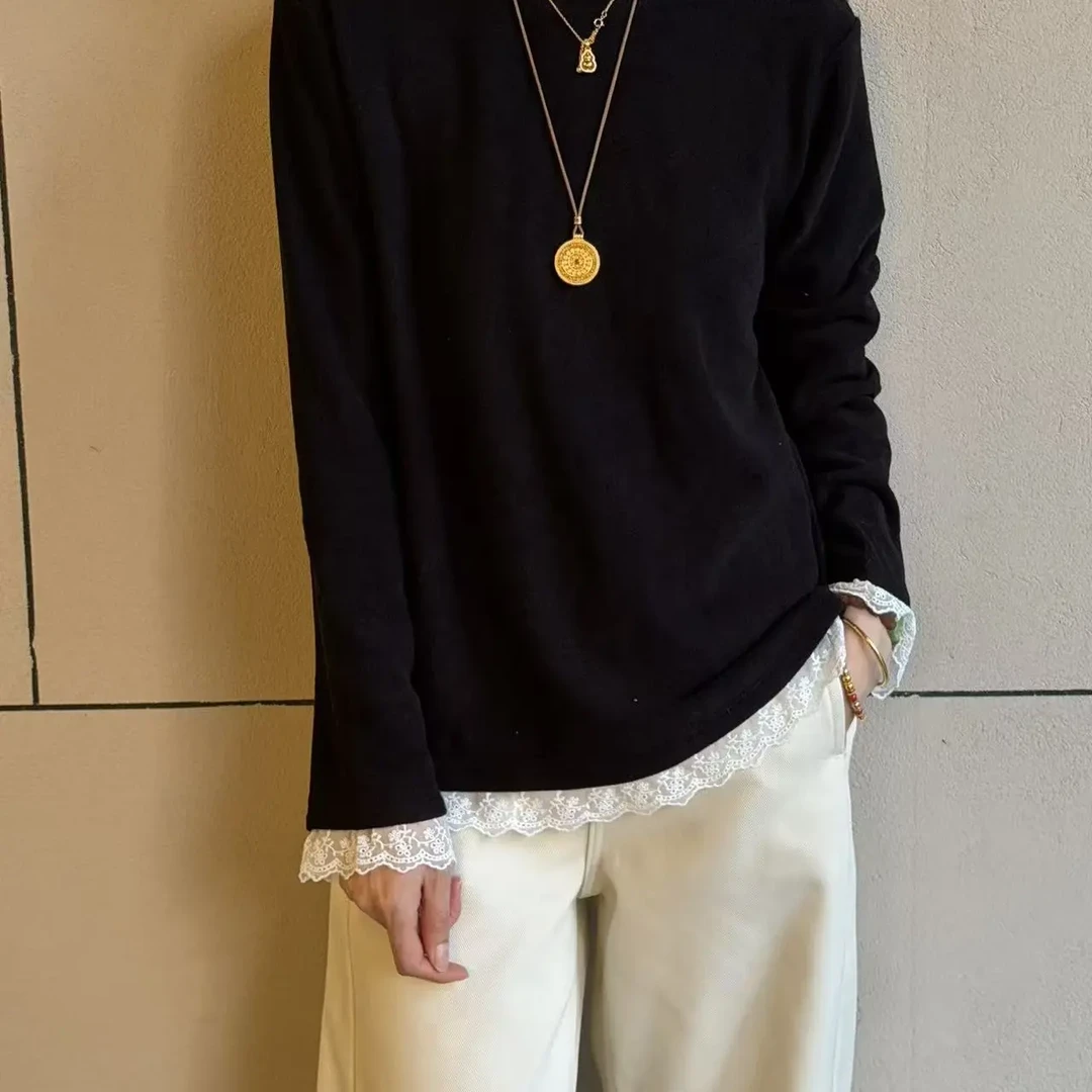 31132-通勤风打底衫秋季T恤宽松型蕾丝长袖简约拼接