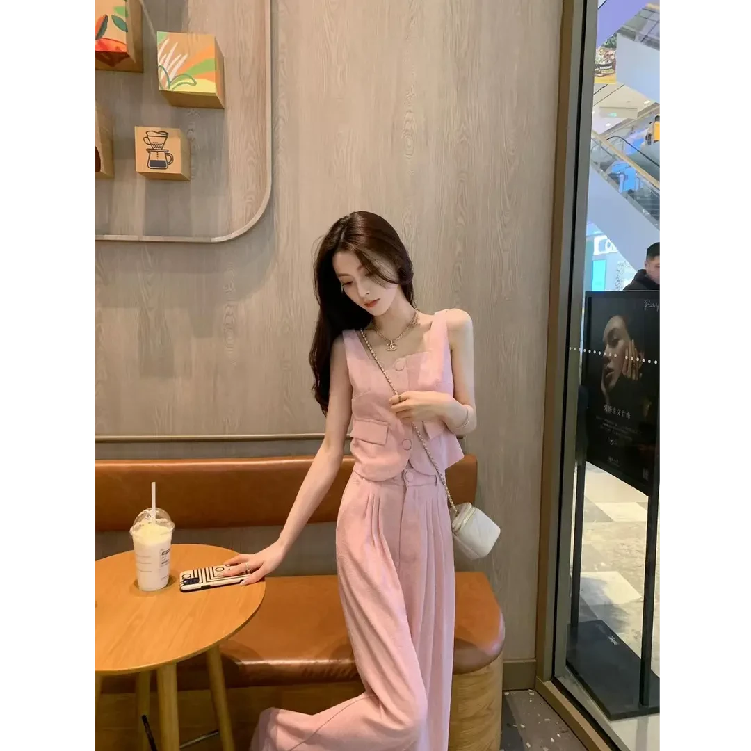 夏韩系穿搭高级感气质英伦阔腿裤两件套粉色小香风马甲休闲套装女