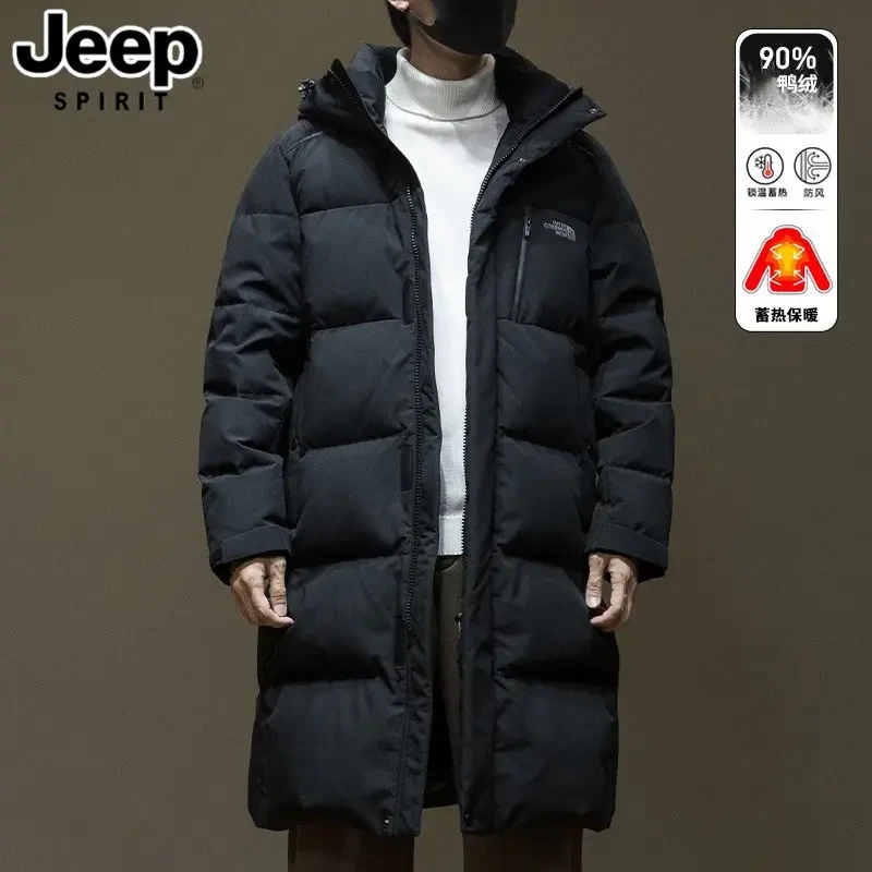 吉普90鸭绒中长款连帽羽绒服厚款大衣男士保暖外套冬季宽松大码