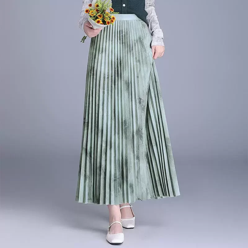 气质国风印花百褶裙女2025春季新款显瘦半身裙垂感高腰a字长裙子