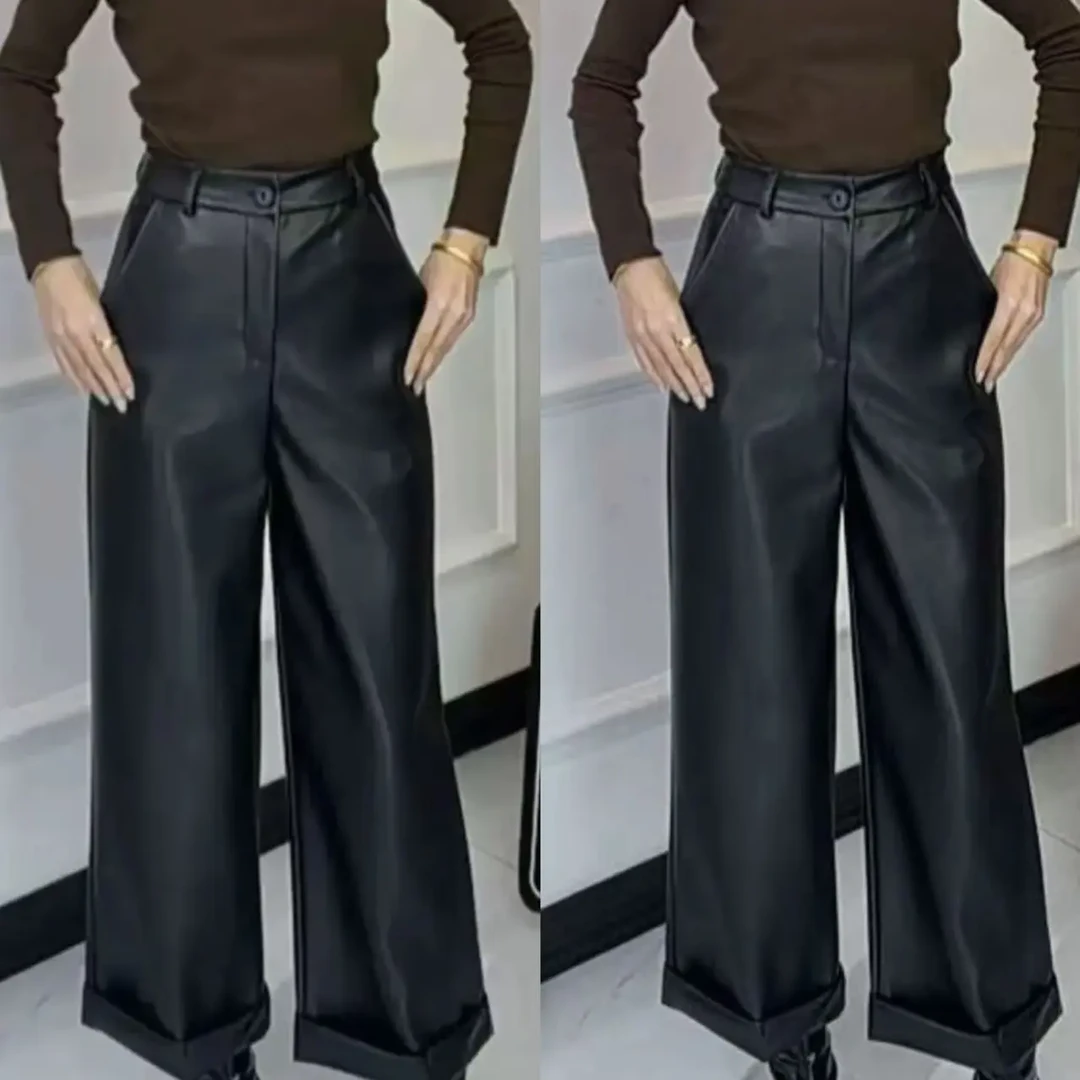 02 加绒加厚高腰直筒百搭宽松显瘦女皮裤