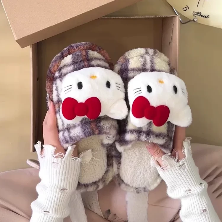 复古格纹加绒保暖平底毛毛拖鞋女外穿冬季新款爆款居家包头棉拖鞋