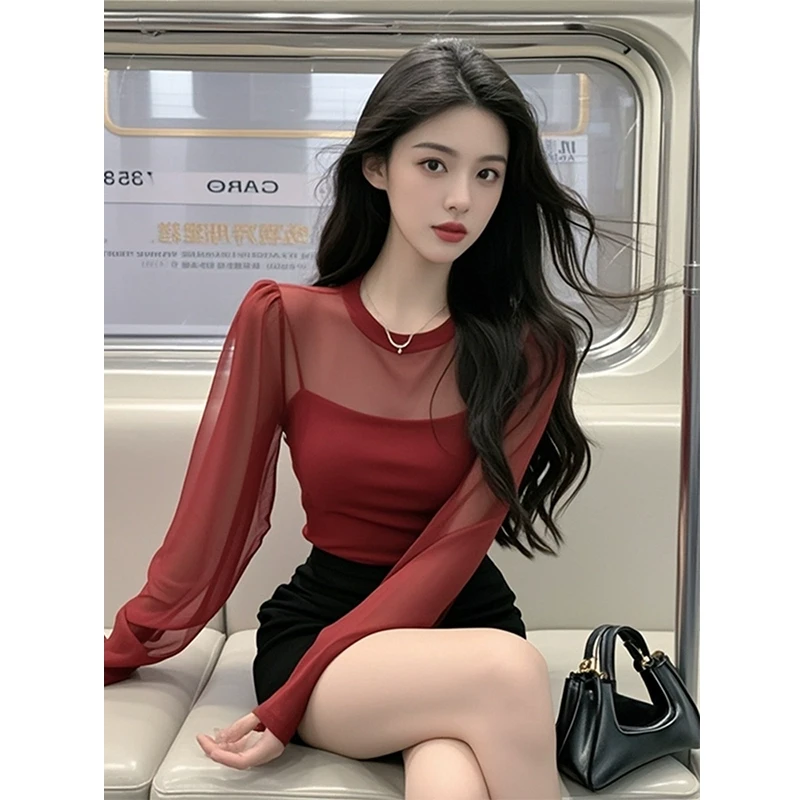 复古红色高级感网纱睡衣微透性感长袖T恤女春秋洋气内搭打底小衫