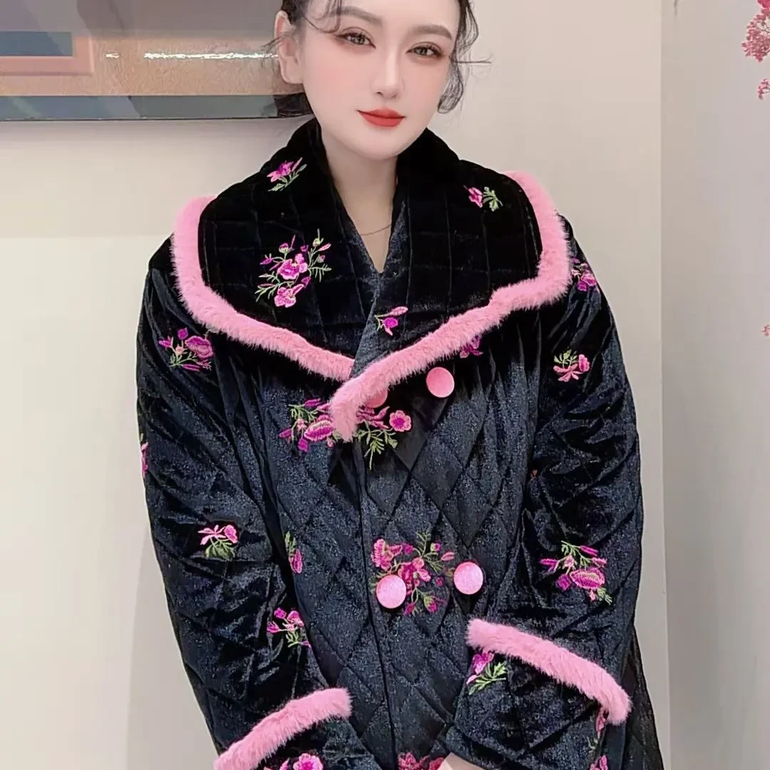 拼接毛领三层夹棉加厚保暖可外穿冬季女士家居服套装