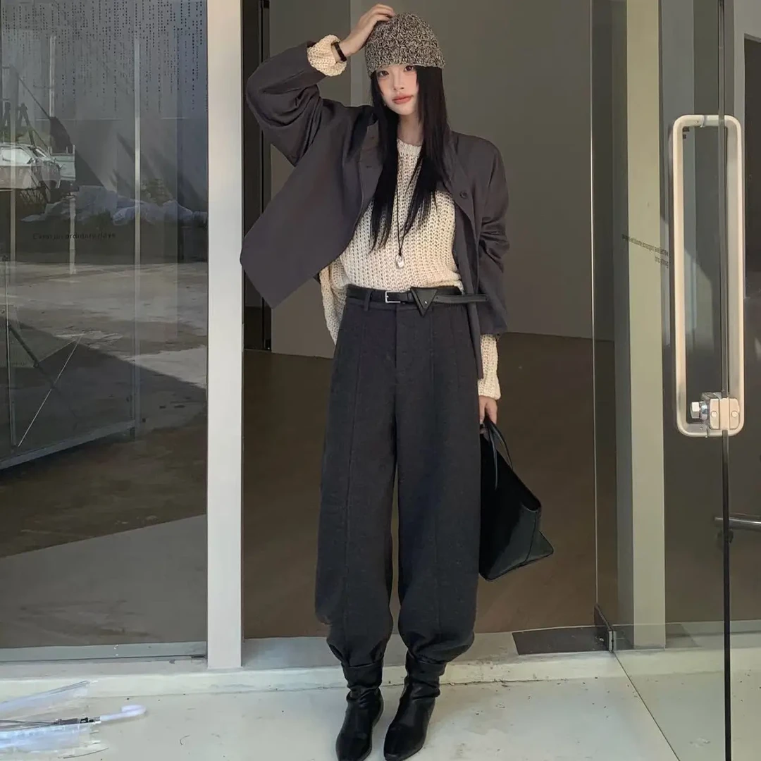 【清仓福利】加厚毛呢女款高腰小阔腿气球裤