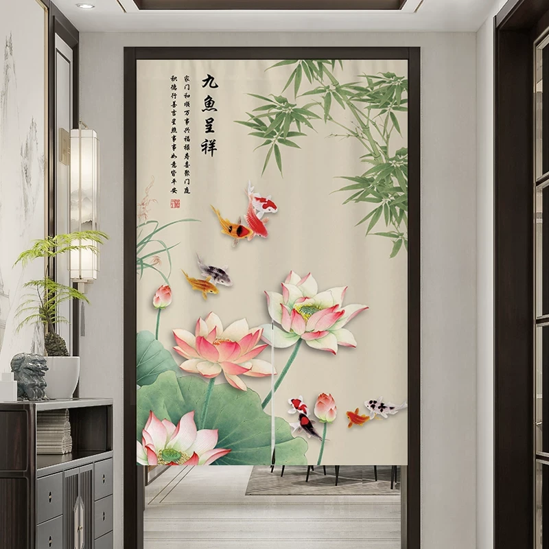 中式荷花鲤鱼图卫生间门帘入户风水半截厨房卧室莲花隔断帘遮挡帘