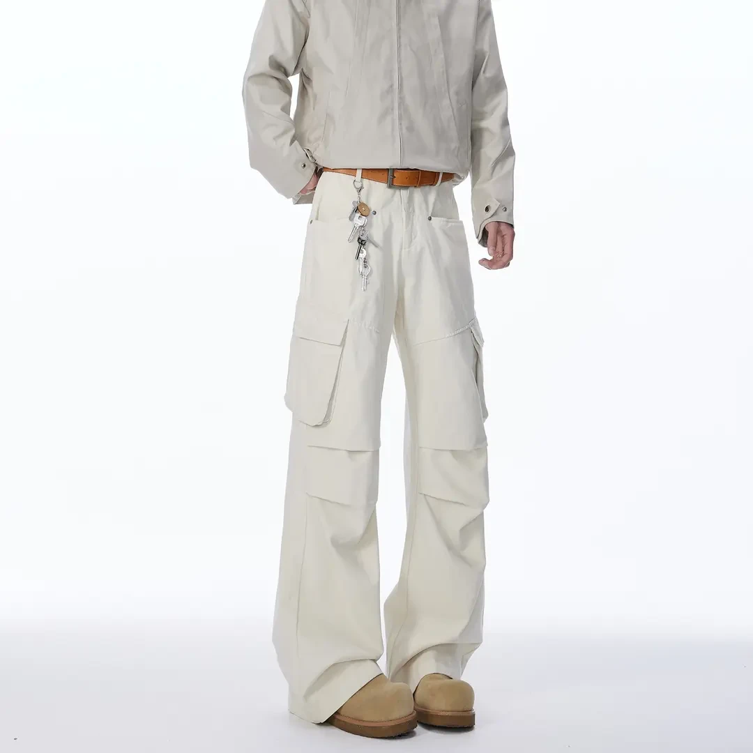 cleanfit大口袋工装裤男痞帅潮牌褶皱设计感美式宽松直筒阔腿裤子