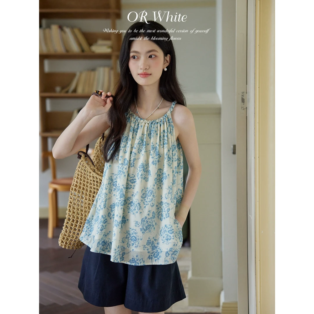 ORWhite 法式复古挂脖吊带上衣女米底蓝色花卉印花度假风海边穿搭