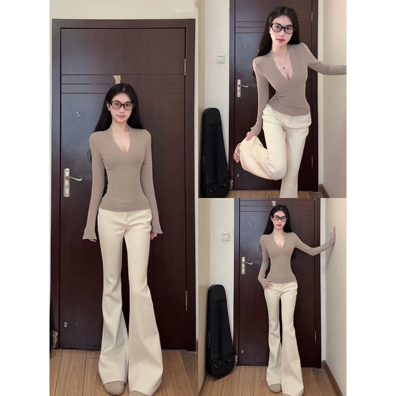 咖色v领打底衫女早春内搭短上衣针织修身春秋2025新款高级感长袖