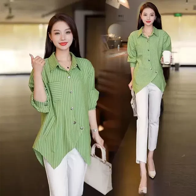 韩版时尚条纹衬衫女2025春季新款设计感小众不规则衬衣洋气上衣