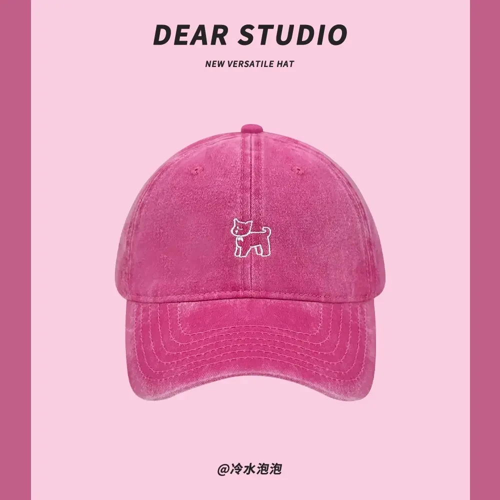 韩版ins玫红色可爱猫咪刺绣棒球帽子女春夏季遮阳显脸小鸭舌帽潮