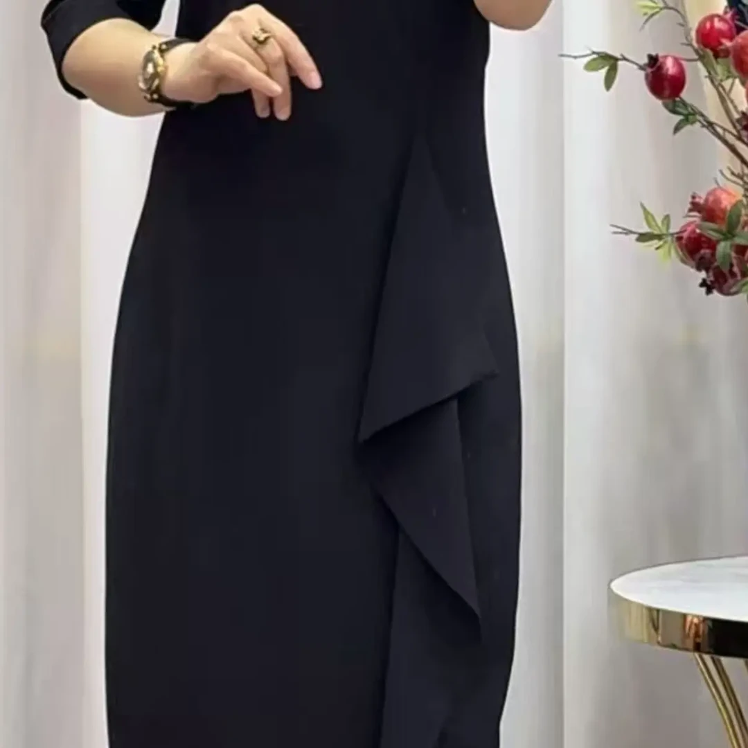 紫罗兰七分袖长款气质显瘦喜妈妈礼服连衣裙