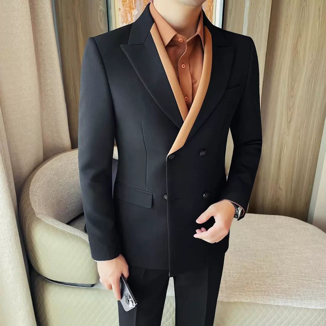 单西男士春季新款双排扣西装套装男纯色百搭商务休闲婚礼西服礼服