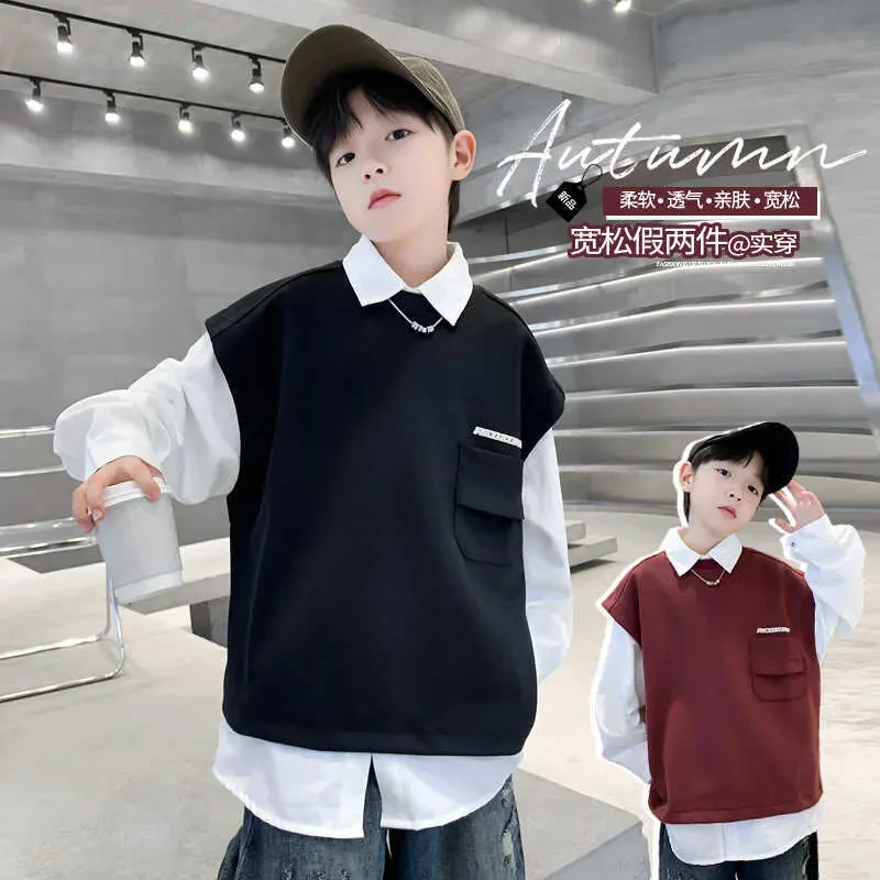 男童衬衫马甲两件套2025新款中大童春秋装男孩卫衣儿童秋款上衣