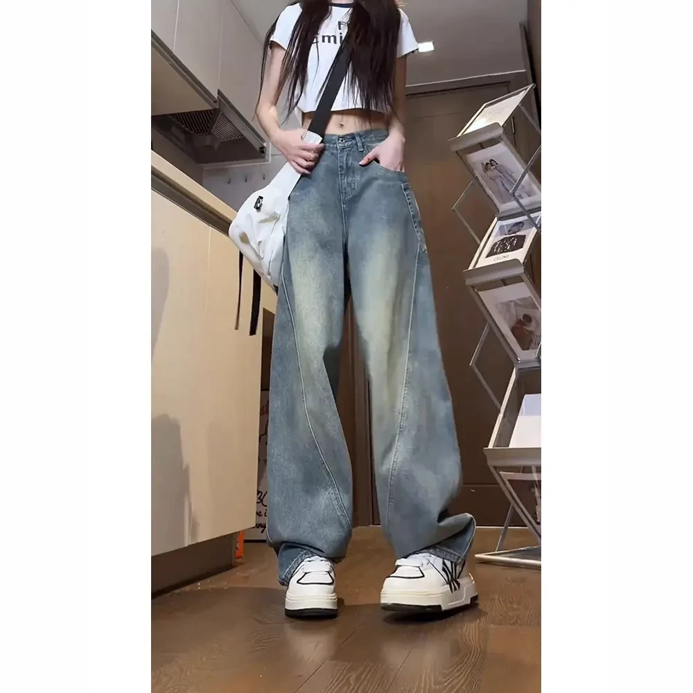 美式复古蓝弯刀牛仔裤男款春季斜切拼接设计感阔腿裤子直筒工装裤