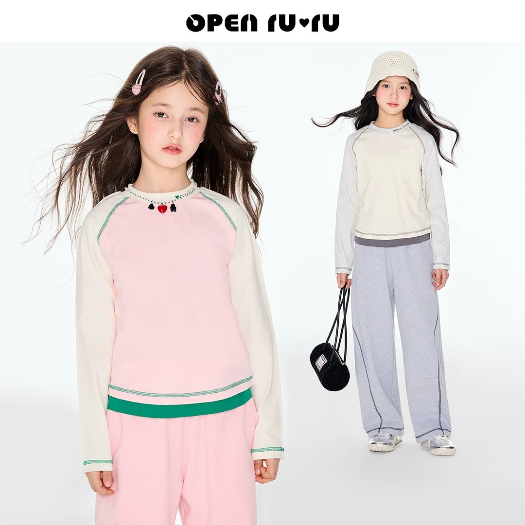 Opennunu女童插肩袖长袖t恤撞色炸街T恤春季中大童亲肤打底上衣