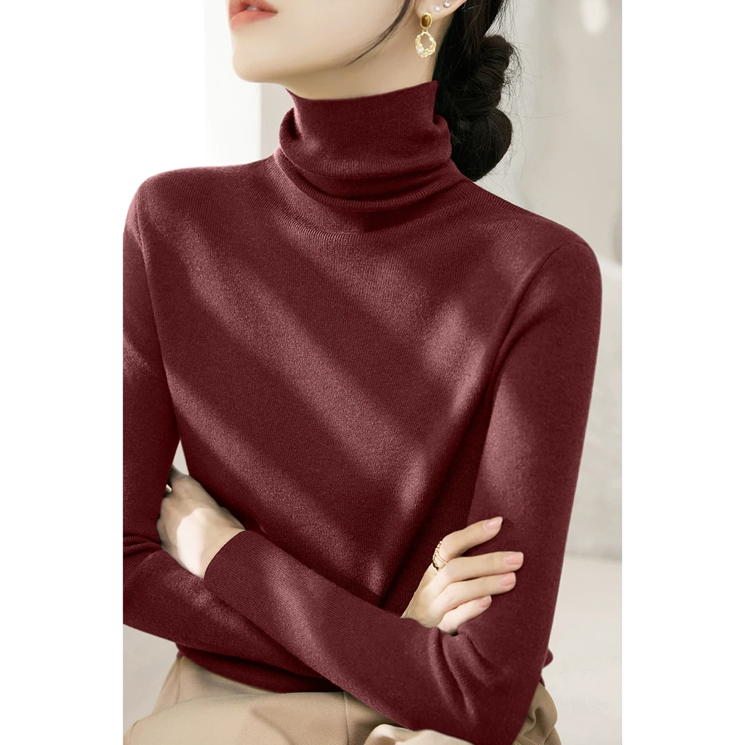 冬季新款安可拉红大衣外套内搭打底衣长袖针织衫女堆堆领毛衣