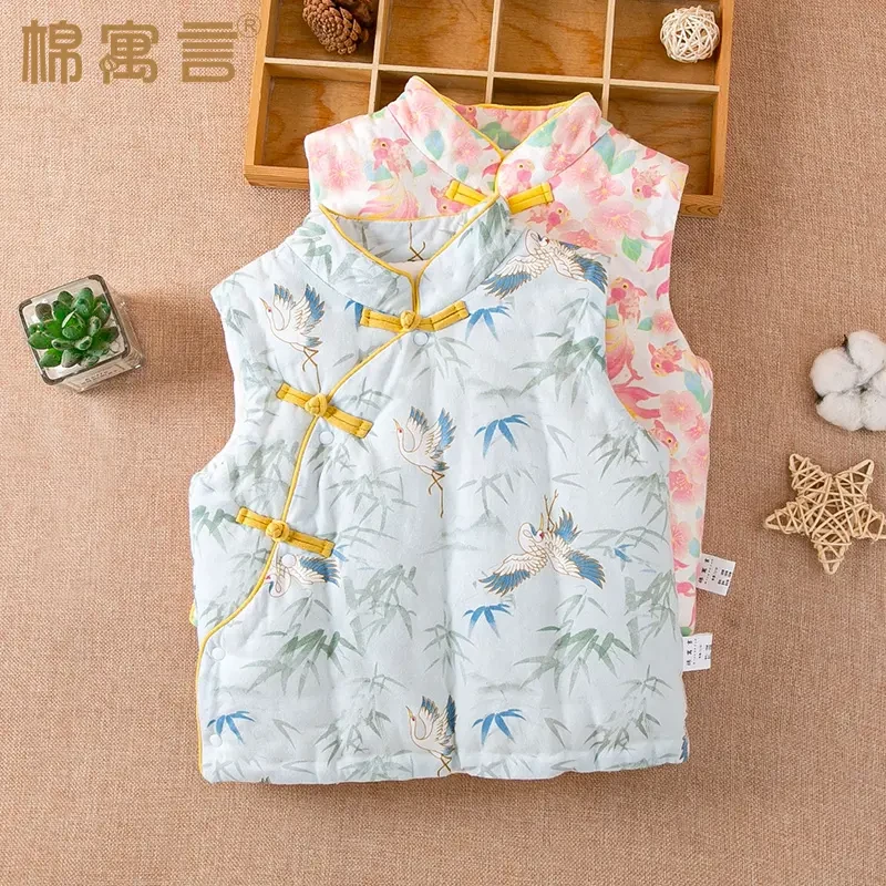 儿童厚纯手工马甲秋冬季加男童中国风棉花背心女宝宝夹棉斜襟坎肩