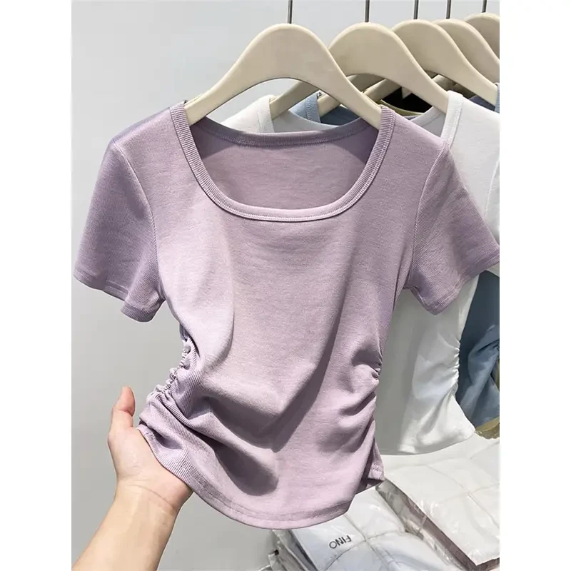 紫色短袖t恤女夏季2025年新款方领修身纯色收腰短款正肩上衣体恤