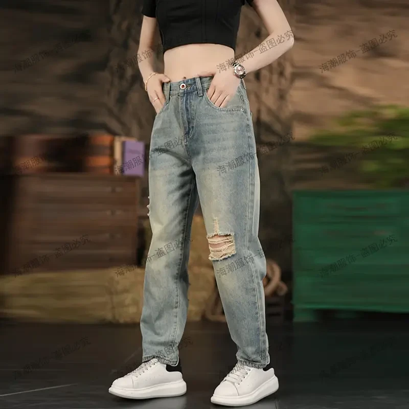 2025高端新款九分破洞男士牛仔裤直筒微宽松无弹水洗牛仔九分裤