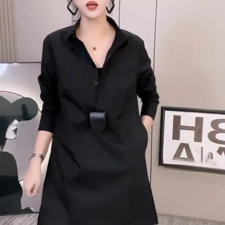 新款时尚百搭宽松中长款衬衫显瘦遮肉简约纯色长袖衬衣女